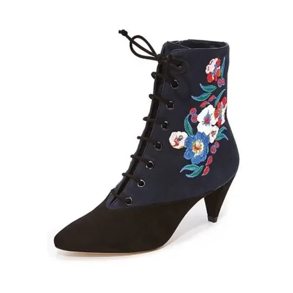 Tory Burch Embroidered Kitten Heel Suede Bootie - Picture 6 of 7